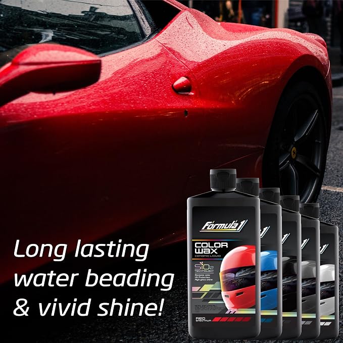 Formula 1 Color Wax Liquid for Red Cars, Gives Ceramic Water Beading Protection and Ultimate Shiny Finish, Fills Minor Scratches with Color-Match Pigment, 16 oz