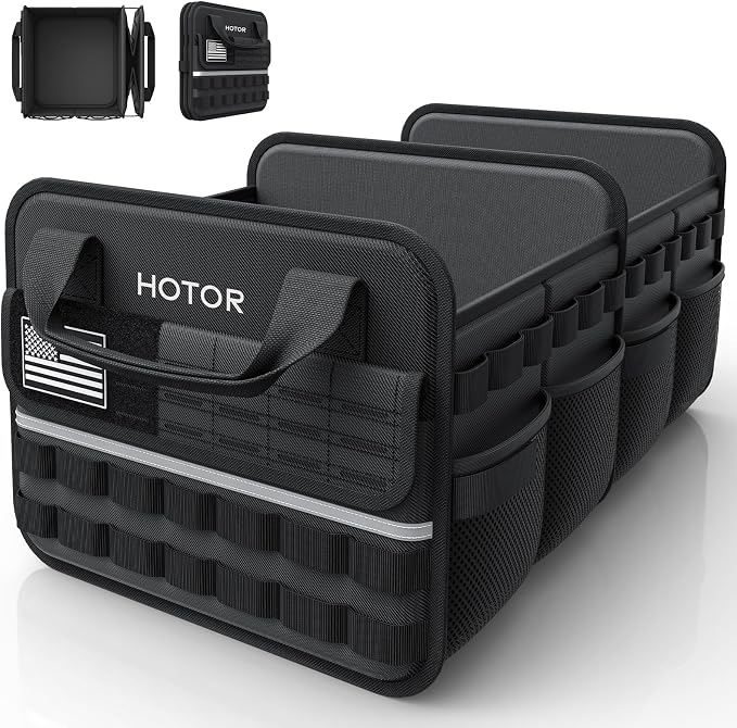HOTOR Tactical Car Trunk Organizer - Foldable Trunk Organizer for SUV with Front MOLLE Pocket & Reflective Strips, Essential Car Accessories for Tools & Outdoor Storage, 15.0" x 23.6" x 11.0", Black