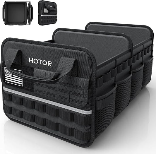 HOTOR Tactical Car Trunk Organizer - Foldable Trunk Organizer for SUV with Front MOLLE Pocket & Reflective Strips, Essential Car Accessories for Tools & Outdoor Storage, 15.0" x 23.6" x 11.0", Black