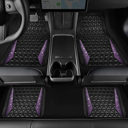 CAR PASS Bling Rubber Car Mats Diamond Floor Mats Full Set Anti-Slip 3D Rhombus Waterproof Universal Trim to Fit Liner Glitter Crystal Sparkly Shining Rhinestone Girl Women SUV Sedan Van, Black Purple