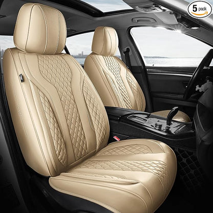 Leather Car Seat Covers Full Set, Breathable Faux Leather Seat Covers for Cars SUV Sedan Waterproof Beige