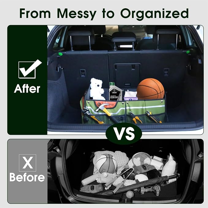 SugarFox Trunk Organizer, Heavy-Duty Storage for Car & SUV, Foldable Waterproof Car Organizer with Cooler, Collapsible Multi-Compartment Storage, 95L-M003 (Standard Green, Standard)
