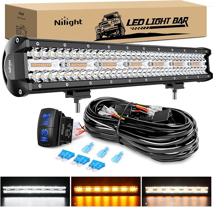 Nilight 20Inch Off-Road LED Light Bar, 420W 3 Lighting Modes (White/Amber/White&Amber) Driving Fog Light Spot Flood Lights with 16AWG Wiring Harness for Truck Car ATV SUV Jeep Boat