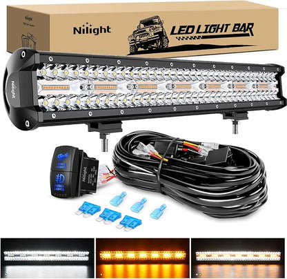 Nilight 20Inch Off-Road LED Light Bar, 420W 3 Lighting Modes (White/Amber/White&Amber) Driving Fog Light Spot Flood Lights with 16AWG Wiring Harness for Truck Car ATV SUV Jeep Boat