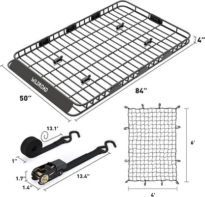 Wildroad Roof Rack Cargo Basket, Upgraded 4” Fence Wide Car Roof Basket, 84"x 50"x 4" Universal Car Top Carrier Basket with Super Duty Bungee Cargo Net and Ratchet Straps Fits for SUV Truck Cars