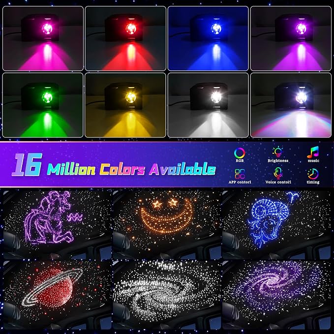 Car Starlight Headliner Kit, Twinkle & Sound Activated RGBW 16W 600pcs*0.02in*9.8ft Fiber Optic Starlight Kit with APP& Remote Controlled, Star Lights for Ceiling Car Roof/Home Decor