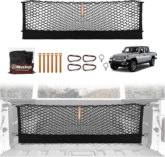 Muslogy Truck Bed Cargo Net Trunk Netting Compatible with Jeep Gladiator 2020-2025 2026 JT Accessories, Pickup Cargo Organizer SUV Sedan Storage Net w/Heavy Duty Carabiners