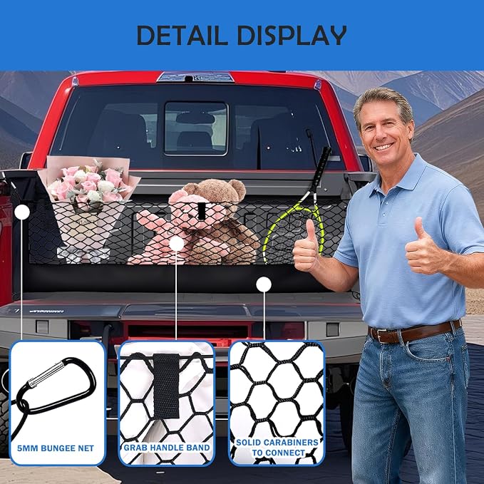 Truck Bed Cargo Net for 2015+ Ford F150 & 2017+ F250/F350/F450 Accessories, Envelope Style Trunk Mesh Cargo Net, Heavy Duty&Double-Layer Nylon Storage Netting Organizer(Not for Spray-in Liner Beds)