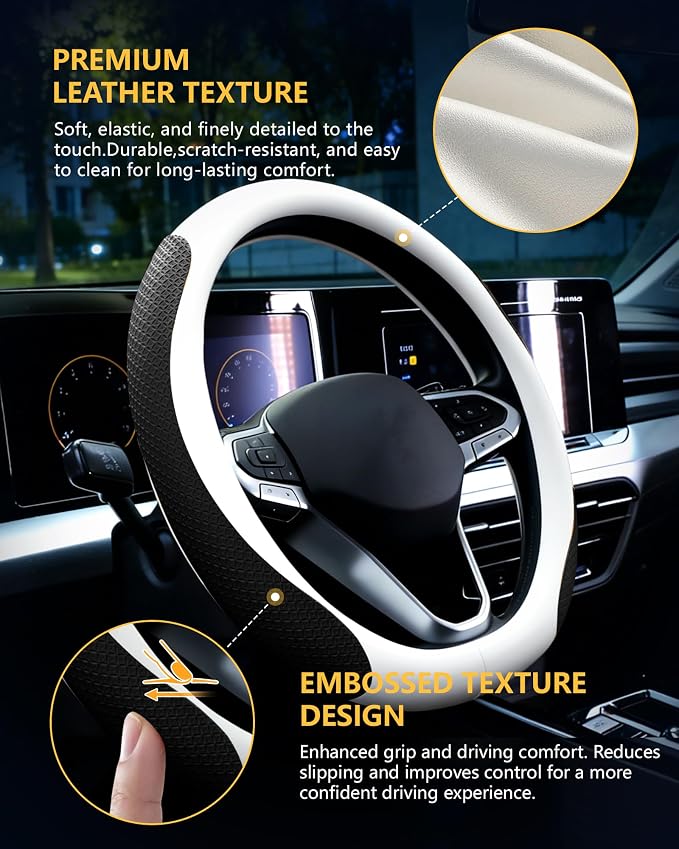 Car Leather Steering Wheel Cover, Genuine Embossed Leather with Anti-Slip Lining, Universal 15 Inch, Fits SUVs, Vans, Sedans, Trucks, White