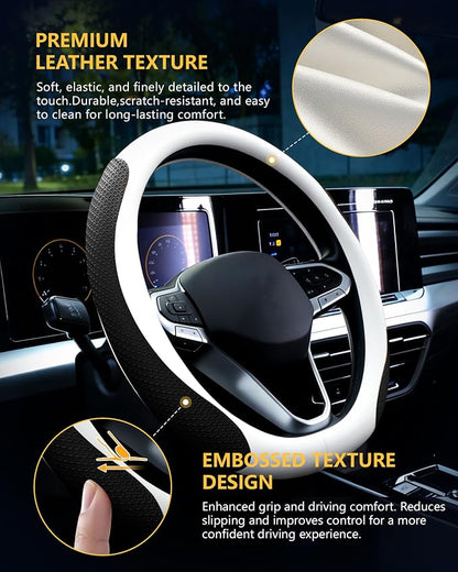 Car Leather Steering Wheel Cover, Genuine Embossed Leather with Anti-Slip Lining, Universal 15 Inch, Fits SUVs, Vans, Sedans, Trucks, White