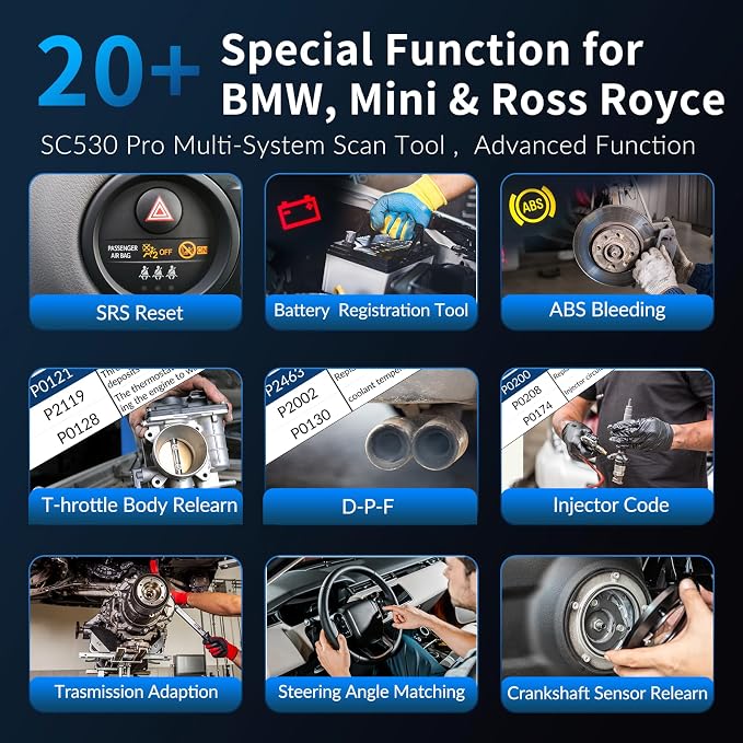 OBD2 Diagnostic Tool for BMW, SC530 Pro Full System Scanner with Active Test 20+ Special Functions, Include Battery Registration, ABS Bleeding, SRS EPB Oil Light Injector Reset Service