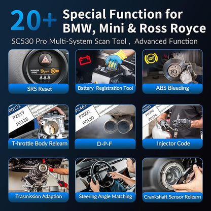 OBD2 Diagnostic Tool for BMW, SC530 Pro Full System Scanner with Active Test 20+ Special Functions, Include Battery Registration, ABS Bleeding, SRS EPB Oil Light Injector Reset Service