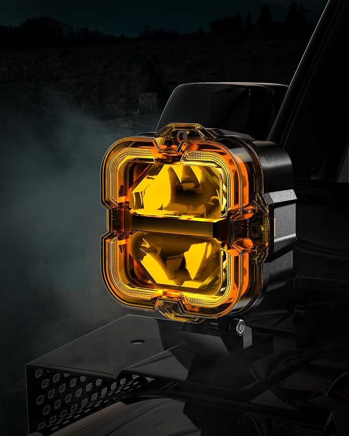 SPL 4" Off Road Lights with Amber Covers, 90W 12000LM LED Pod Lights with Amber DRL & Hi/Lo Beam, Auxiliary Driving Light Led Cube with DT Wiring Harness for Trucks Jeep Pickup SUV ATV UTV, 2PCS