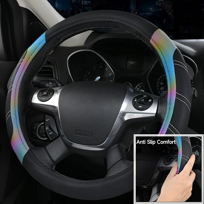 CAR PASS Leather Steering Wheel Cover and Waterproof Car Floor Mats,Microfiber Universal Car Combo Fit for 95% Sedan,SUV,Cars,14.5-15inch Sporty Anti-Slip Safety Comfortable Design(Black＆Reflective)