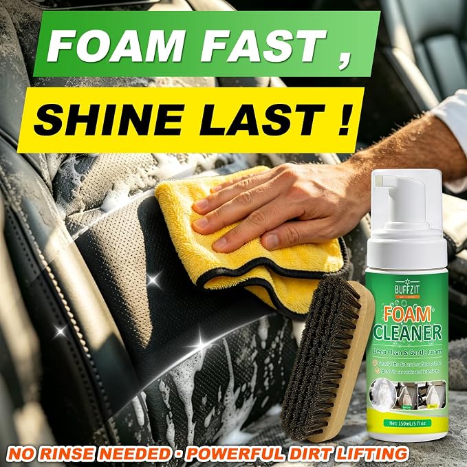 Car Interior Foam Cleaner Kit, Multifunctional Auto Detailing Cleaner with Brush & Towel, Deep Clean Car Seats, Carpet, Upholstery & Dashboard, Safe for Leather, Fabric, Vinyl & Plastic, 5oz