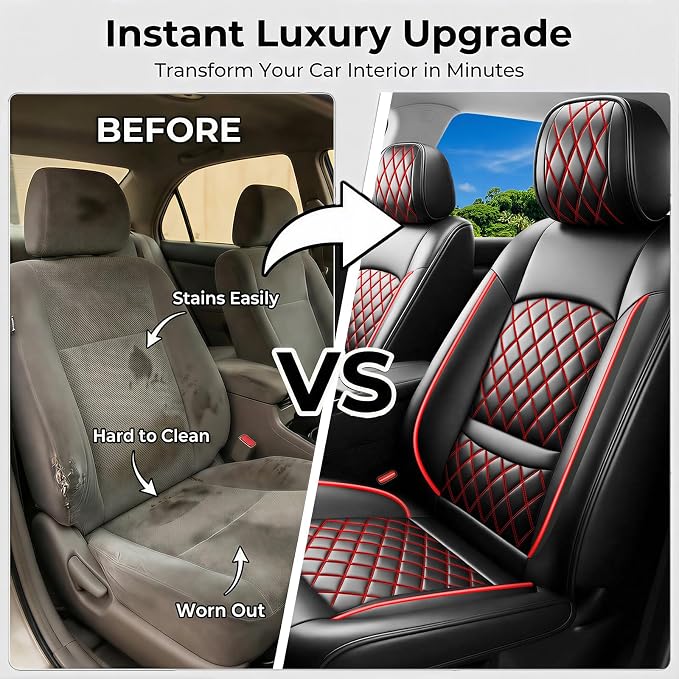 Car Seat Covers Compatible with Hyundai Santa Fe 2009-2025 2026 - Full Set 5 Seats Luxury Leather All-Weather Seat Cushions & Protectors, Waterproof & Breathable, Airbag Compatible (Redline)