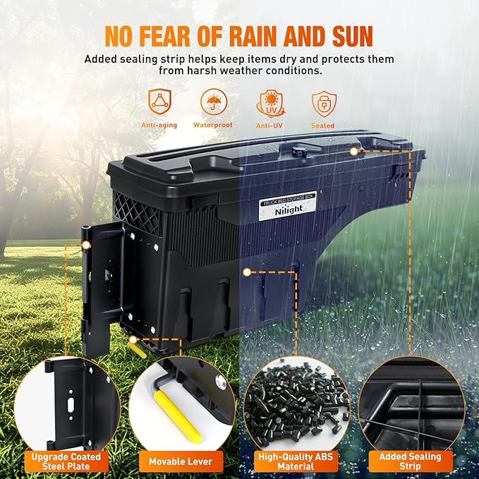 Nilight Truck Bed Tool Box Left Drivers Side Truck Tool Box Fit for Dodge Ram 1500 2500 3500 2002-2018 ABS Swing Case Truck Bed Storage Box w Lockable Lid Waterproof Wheel Well Toolbox, without Rambox