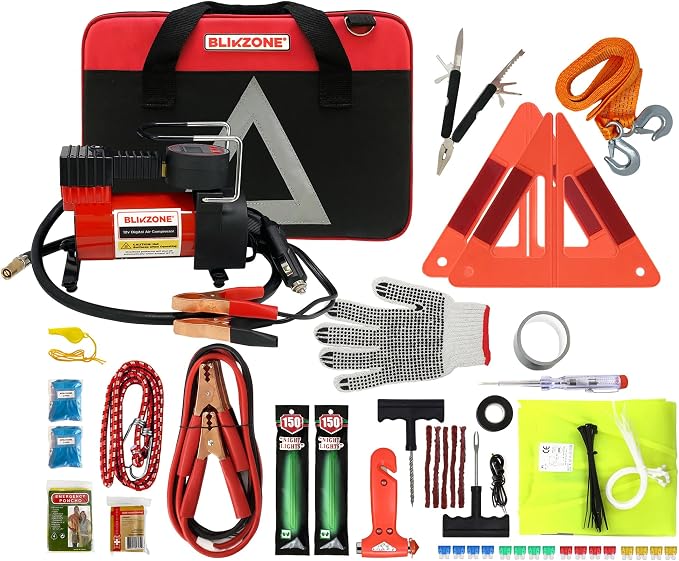 BLIKZONE Red Car Emergency Kit for Vehicles Road Trip, with All the Essentials as Flat Tire Repair, Jumper Cables, Digital Air Compressor, Multitool and All the Car Safety Accessories