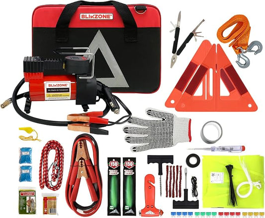 BLIKZONE Red Car Emergency Kit for Vehicles Road Trip, with All the Essentials as Flat Tire Repair, Jumper Cables, Digital Air Compressor, Multitool and All the Car Safety Accessories