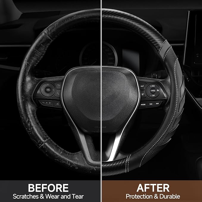 West Llama Carbon Fiber Leather Steering Wheel Cover with Anti-Slip Grip, 3D Textured Design, 14.5-15 Inch Car Steering Wheel Cover, Durable Interior Accessory（Standard Size-Black+Gray