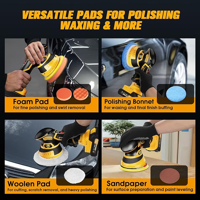 Cordless Car Buffer Polisher kit [2x 2000mAh 21V Batteries & 18 PCS Attachments] 6-Speed Orbital Design, LED Display, Lightweight Detailing Tool for Waxing, Polishing & Scratch Removal-Yellow