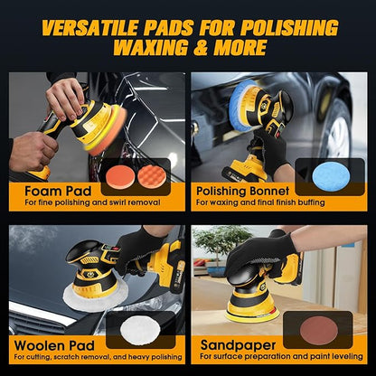 Cordless Car Buffer Polisher kit [2x 2000mAh 21V Batteries & 18 PCS Attachments] 6-Speed Orbital Design, LED Display, Lightweight Detailing Tool for Waxing, Polishing & Scratch Removal-Yellow