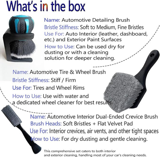 Professional Car Detailing Brush Set - Soft Bristle Interior Leather Dash Brush, Dual-End Vent & Crevice Cleaner, Long Handle Tire Scrub Brush for Auto Detailing, Car Wash Kit