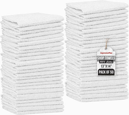 Shop Towels (White, 50-Pack) - Bulk Cleaning Towel in a Bag, Mechanic Cotton Wipes for Car Maintenance, Auto Mechanics & Garage, Wipe Grease & Oil, Machine Wash & Reusable