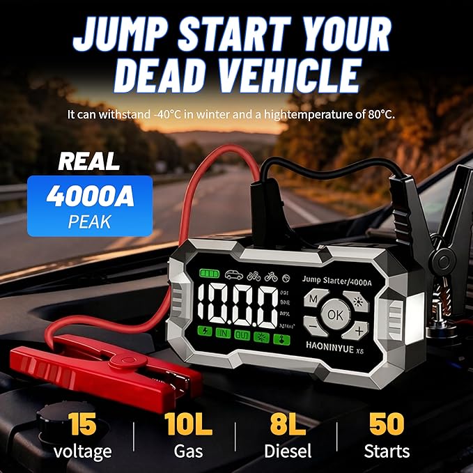 4000A Car Battery Jumper Starter, Battery Jumper Starter Portable (8.0LGas/6L Diesel), 16000mAh Charging Jump Box, Portable Car Jump Starter with Jumper Cables and 600LM LED Light