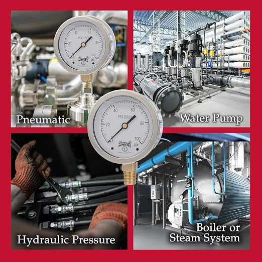Winters 2-1/2" Dial Size, Liquid Filled Industrial Pressure Gauge, Brass Internals, 304 Stainless Steel Case, Single Scale 0-100 psi, 1.5% Acc, 1/4" NPT Bottom Mount, Glycerin Filled Pressure Gauge