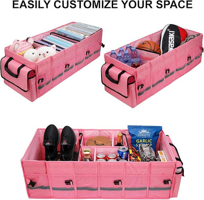 GDNasist Car Trunk Organizer and Storage with Lid & Removable Cooler Bag, Car Accessories 6 Removable Dividers for Custom Space, Collapsible Large Trunk Organizers Interior for SUV & Sedan, Pink