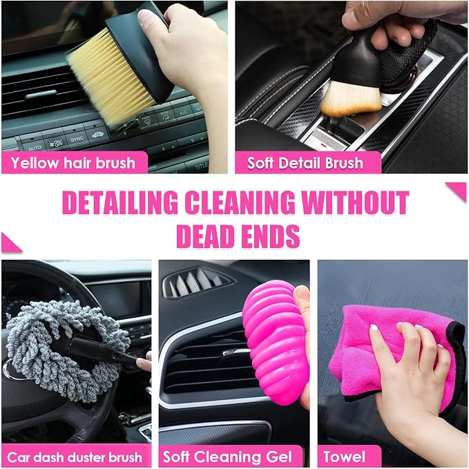 20PCS Pink Car Cleaning Kit, Car Interior Detailing Kit with Red High Power Handheld Vacuum, Detailing Brush Set, Windshield Cleaner, Cleaning Gel, Complete Auto Accessories for Women