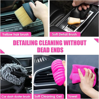 20PCS Pink Car Cleaning Kit, Car Interior Detailing Kit with Red High Power Handheld Vacuum, Detailing Brush Set, Windshield Cleaner, Cleaning Gel, Complete Auto Accessories for Women