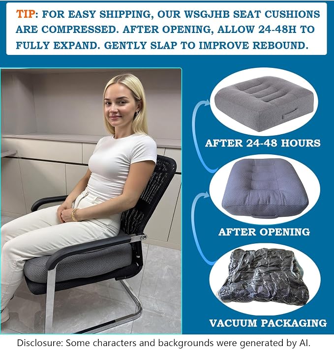 WSGJHB Large Seat Cushion, Extra Thick Booster Seat Cushions for Office Chairs Long Sitting Office Workers, Car Drivers, Relieves Back Pain, Breathable, Anti-Slip, 20x20x6 inchs, Gray