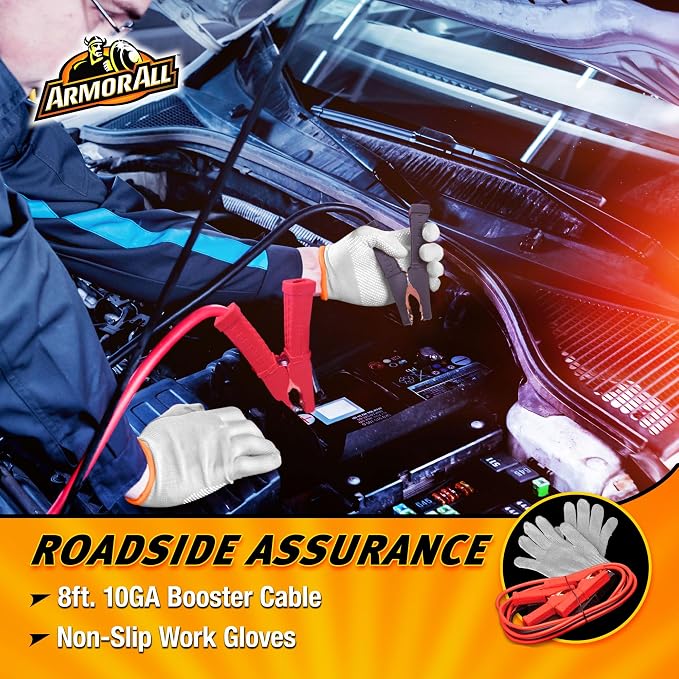 Armor All 10pc Roadside Emergency Kit - Storage Bag, Booster Cable (8ft 10GA), Blanket,Rain Poncho,Gloves, Insulation Tape Roll, Flashlight, Bungee Cord (2ft),Car Fuses (8pcs) & Reflective Safety Vest