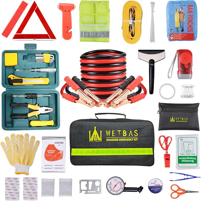 Car Roadside Emergency Kit, Auto Vehicle Safety Emergency Road Side Assistance Kits Essentials, with Jumper Cables, Safety Hammer, Reflective Warning Triangle