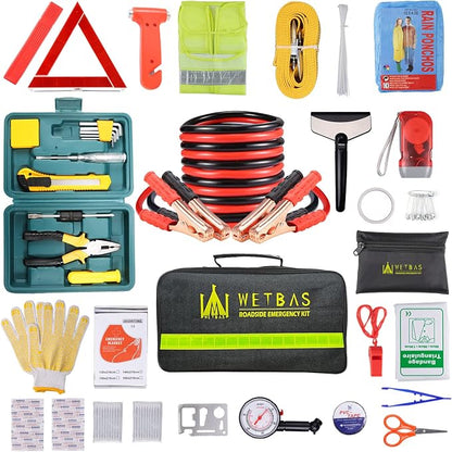 Car Roadside Emergency Kit, Auto Vehicle Safety Emergency Road Side Assistance Kits Essentials, with Jumper Cables, Safety Hammer, Reflective Warning Triangle