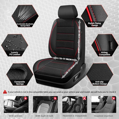 CAR PASS Air Mesh Leather Car Seat Covers Front Seats, Breathable Two Front Seat Covers for Cars, Comfortable Universal Fit for SUV Truck Sedan Automotive, Anti-Slip Airbag Compatible,Black and Red