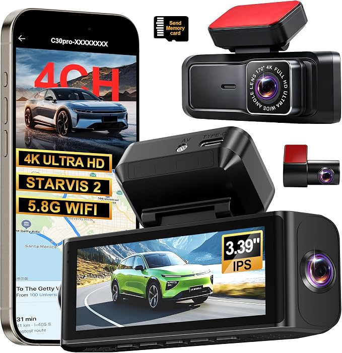4 Channel 4K Dash Cam - 360° Panoramic Front Rear Inside Camera, STARVIS 2 Night Vision, 5.8GHz WiFi, 170° Wide Lens, 24hr Parking Monitor, G‑Sensor, Included 64GB SD Card for Private Drivers