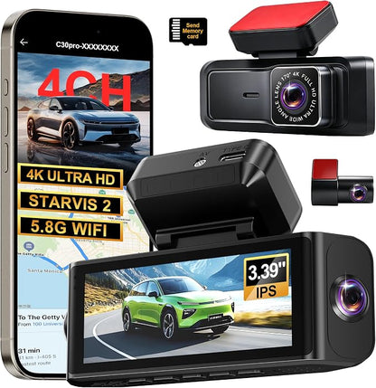 4 Channel 4K Dash Cam - 360° Panoramic Front Rear Inside Camera, STARVIS 2 Night Vision, 5.8GHz WiFi, 170° Wide Lens, 24hr Parking Monitor, G‑Sensor, Included 64GB SD Card for Private Drivers