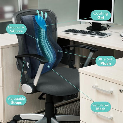 Samsonite Memory Foam Lumbar Support Pillow, Ergonomic Back Cushion for Office Chair, Gaming Chair, Auto Back Support with Cooling Gel, Home Essentials for Sitting Comfort, Posture Relief, Black Mesh