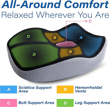 Car Seat Cushion, Ergonomic Memory Foam Car Cushion for Sciatica Pain Relief, Larger Driving Seat Pillow for Short Drivers on Long Drives - Butt Pillow for Truck, Office, Wheelchair - Black&Gray