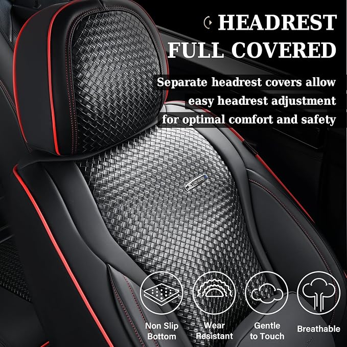 Coverado Seat Covers, Car Seat Covers Front Seats, Waterproof Nappa Leather Auto Seat Cover with Lumbar Head Pillow, Black Redline Seat Covers Carseat Cover Universal Fit for Most Cars