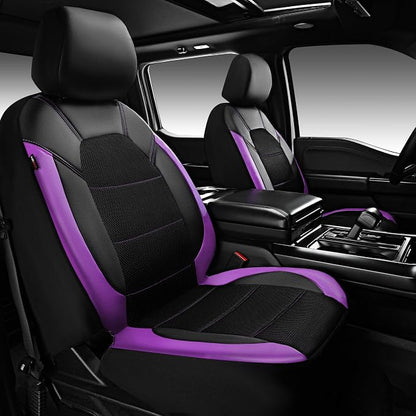 CAR PASS Leather Car Seat Covers Front Seats only, with Air Mesh Front Seat Covers Breathable, Cool Automotive Seat Covers 2 Pack, Universal Fit Most Cars,SUV,Truck,Van Airbag Compatible(Black Purple)