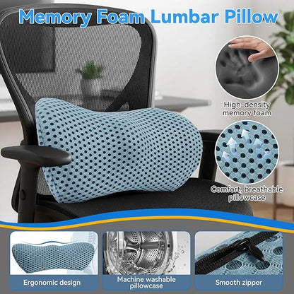 Lumbar Support Pillow, Memory Foam Lumbar Pillow for Office Chair and Car Seat, Back Pillow for Lower Back Pain Relief, Back Support Pillow for Sitting, Driving, Traveling (Blue)