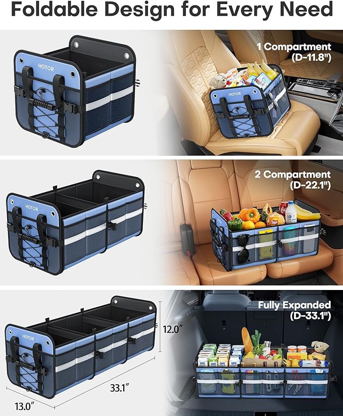 HOTOR Trunk Organizer for SUV – Car Storage Box with Reflective Strips, Collapsible Car Organizer with Large Capacity, Essential Car Accessories for Truck, Van & Sedan, Blue, 22.1" x 13.0" x 12.0"