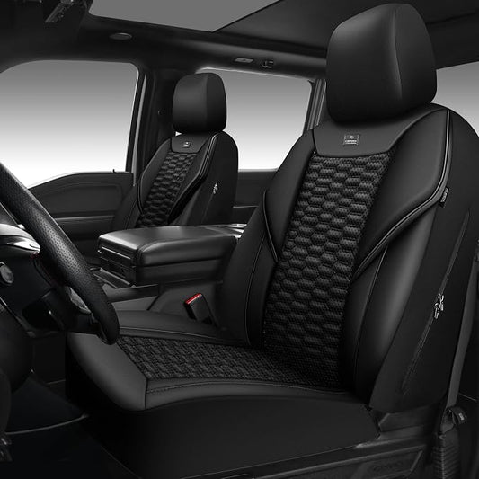 CAR PASS 3D Foam PU Leather Car Seat Covers Front Seats,Black Faux Leather Front Seat Covers for Cars, Universal Fit for SUVs Trucks Vans Sedan Automotive, Armrest Airbag Compatible,Black
