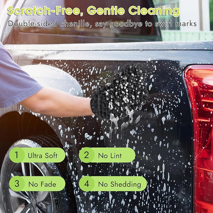 3 Pack Chenille Microfiber Car Wash Mitt, 7" x 9.6" Car Washing Mitts, Home Dusting Gloves, Scratch Free Lint-Free, Highly Absorbent, Double Sided, for Cleaning Detailing Polish (Grey)