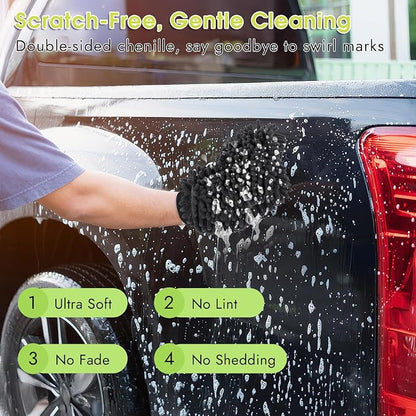 3 Pack Chenille Microfiber Car Wash Mitt, 7" x 9.6" Car Washing Mitts, Home Dusting Gloves, Scratch Free Lint-Free, Highly Absorbent, Double Sided, for Cleaning Detailing Polish (Grey)