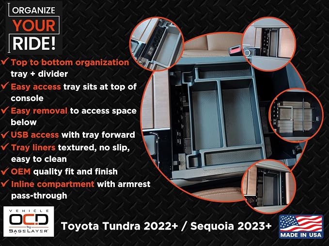 Vehicle OCD - Center Console Organizer Tray for Toyota Tundra (2022-2026) / Sequoia (2023-2026) – Made in USA - NOT Compatible with Center Console Safe - SLX184